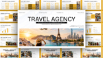 Travel agency business plan presentation template featuring global travel destinations.
