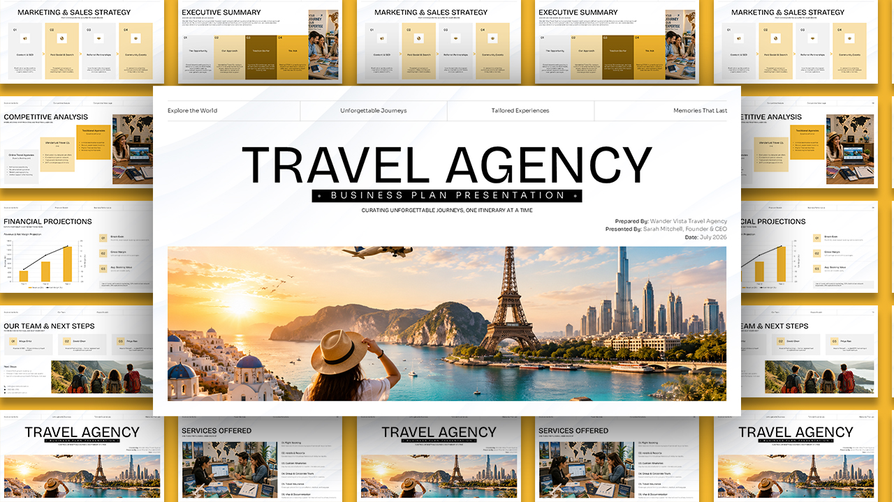 Travel agency business plan presentation template featuring global travel destinations.