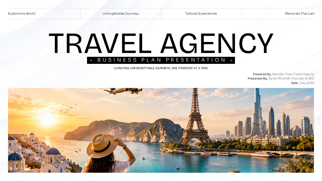 Travel agency business plan cover slide with global travel destination image.
