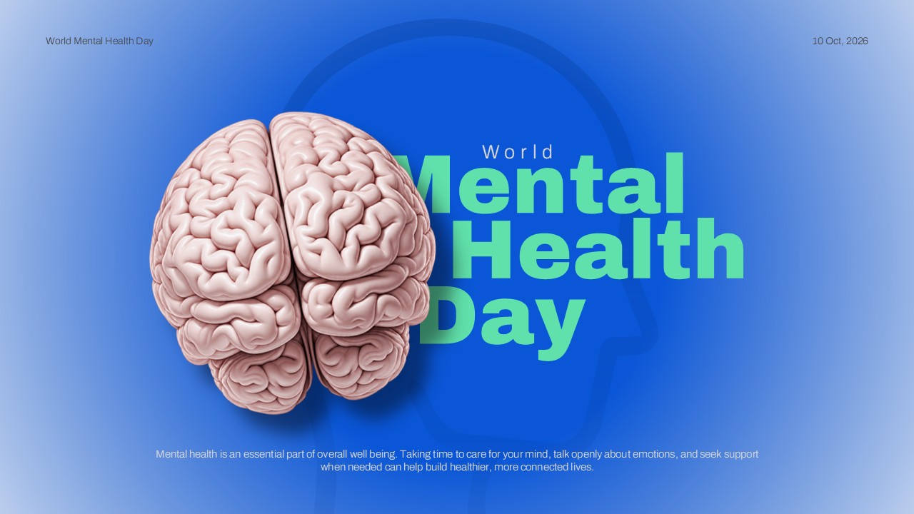 World Mental Health Day presentation template with a realistic brain illustration on a blue background.