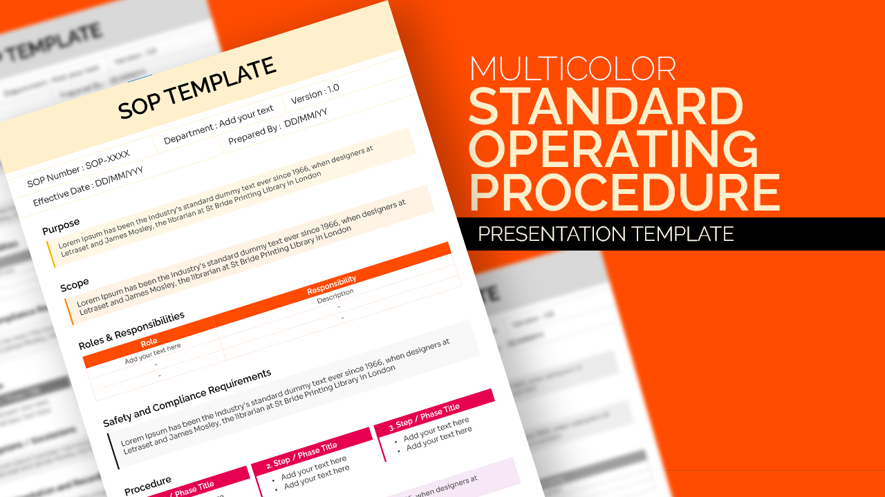 Multicolor Standard Operating Procedure SOP presentation template for PowerPoint and Google Slides featuring a professional workflow document layout.