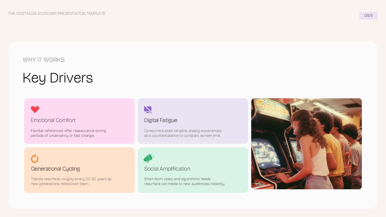 Nostalgia Economy key drivers slide covering emotional comfort, digital fatigue, generational cycling, and social amplification.
