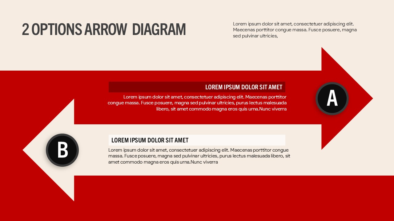 Two options arrow diagram template with red directional arrows, labeled A and B, for comparing choices and presenting business decisions.