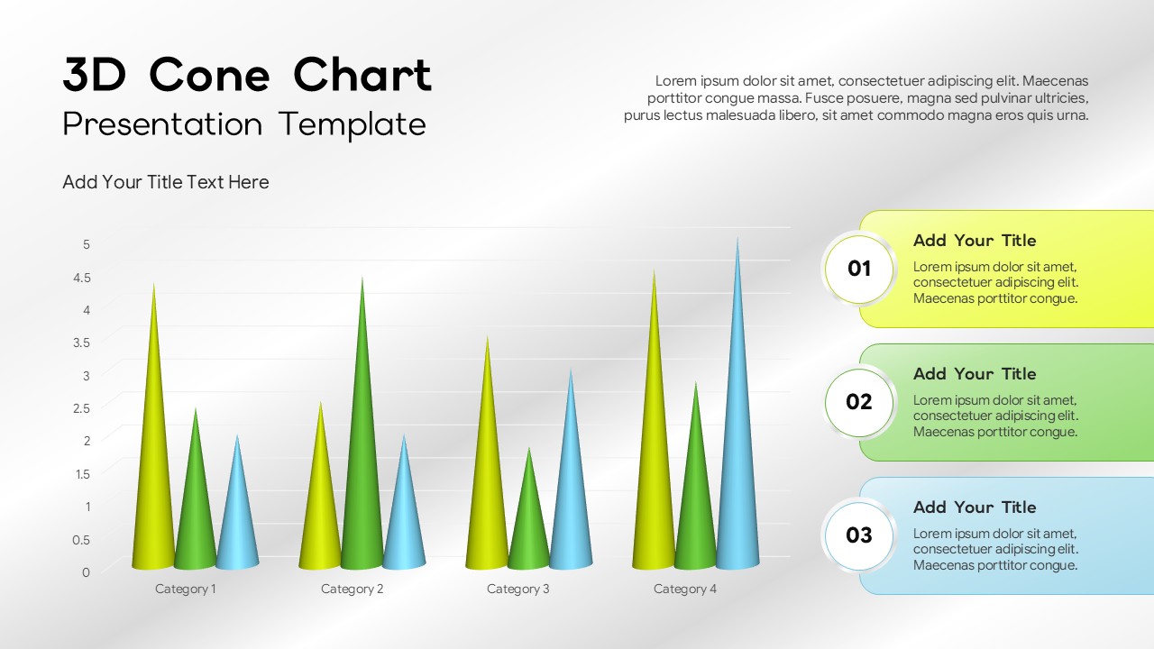 3D Cone Chart Template featuring four data categories with yellow, green, and blue cone-shaped columns, a numerical vertical axis, gridlines, and three numbered information panels for presenting data comparisons and business insights.