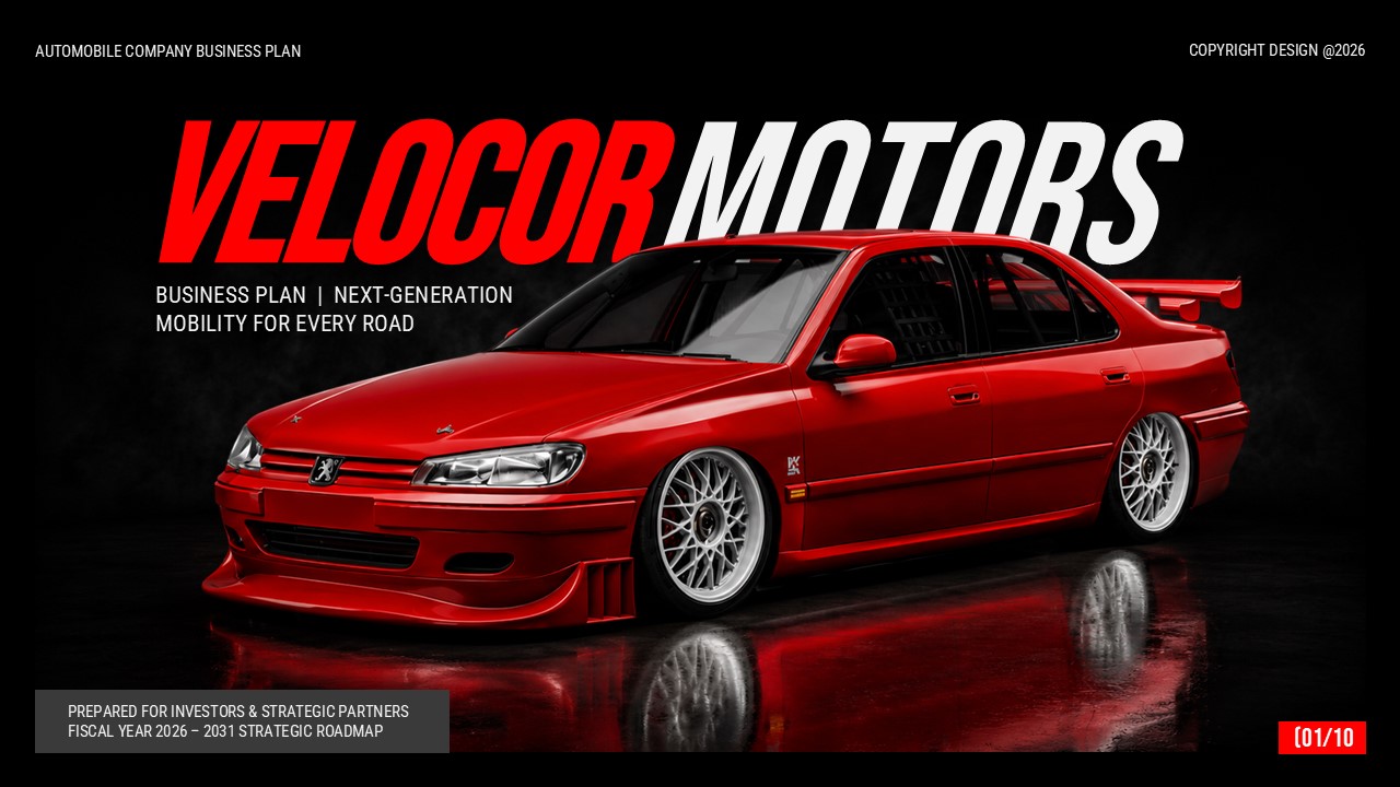 Automobile business plan cover slide featuring a red sedan and Velocor Motors branding.
