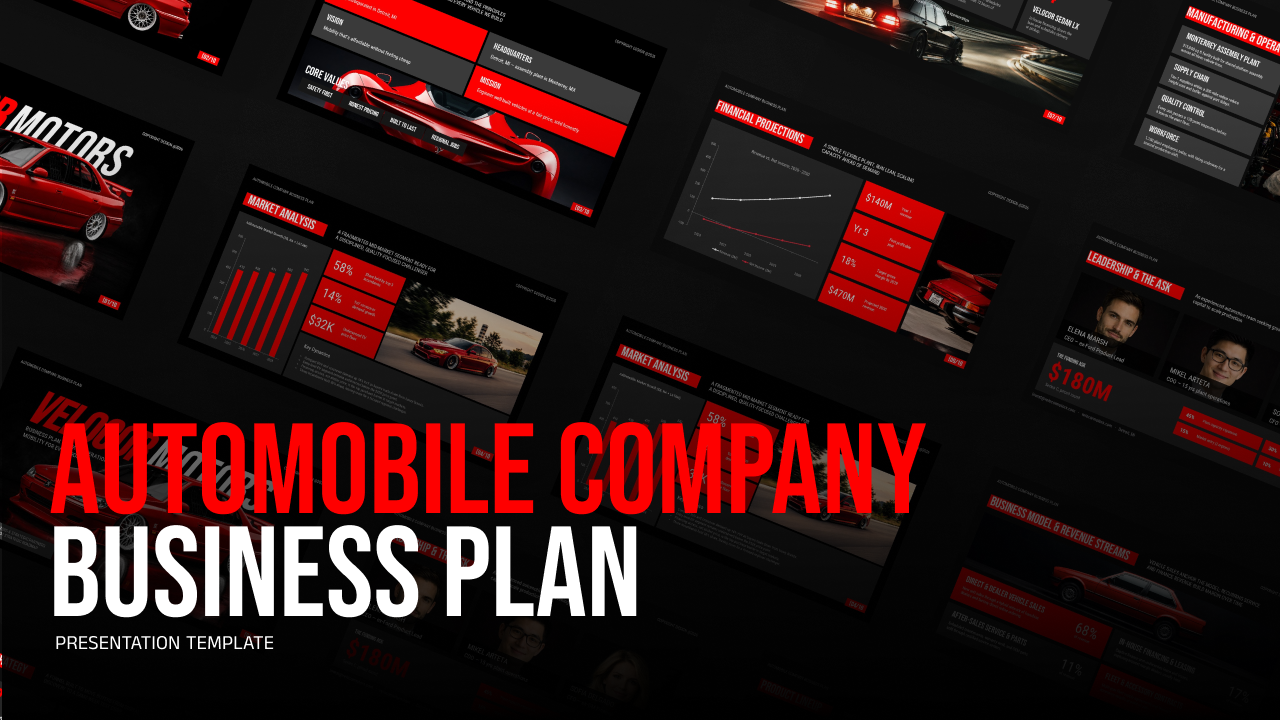 Automobile company business plan template featuring a red sports car, black background, and bold red and white presentation typography.
