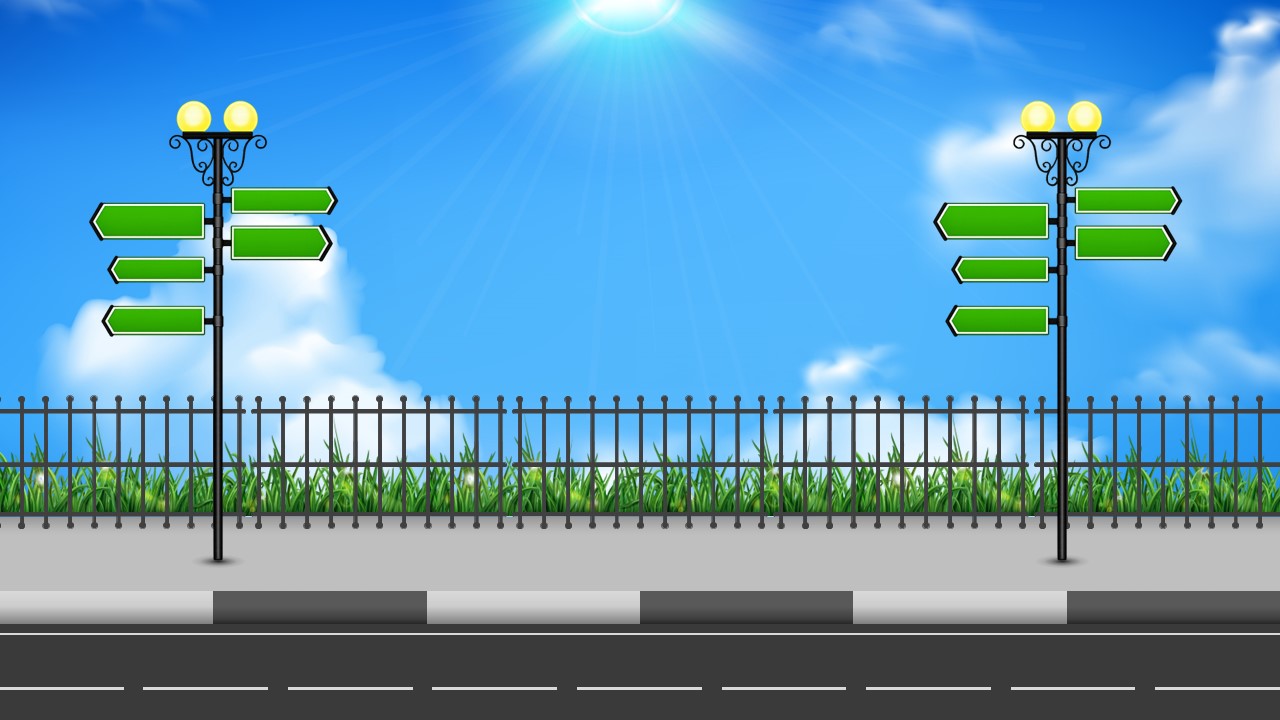 Blank signpost presentation template with two directional signs, a road, fence, grass, and blue sky background.
