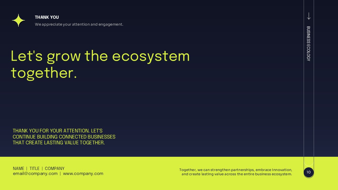 Business ecology closing slide encouraging collaboration, connected businesses, and shared value.