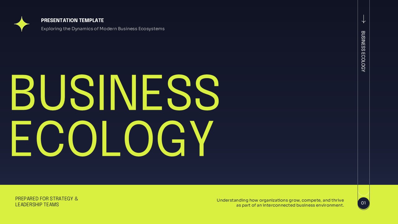 Business ecology title slide with bold lime typography on a dark navy background.