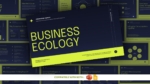 Business Ecology Presentation Template featuring dark navy slides with lime green accents, ecosystem diagrams, stakeholder relationships, business strategy, and collaboration concepts.