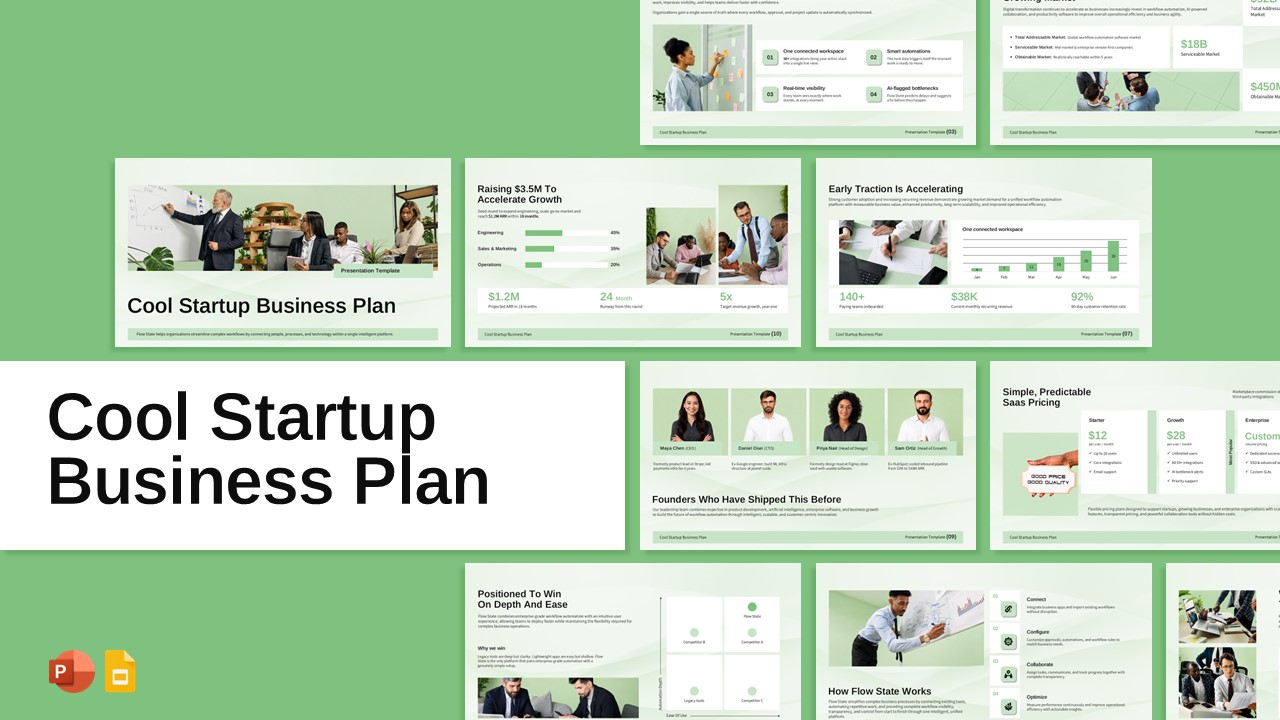 Cool startup business plan presentation template with multiple business strategy and pitch slides.