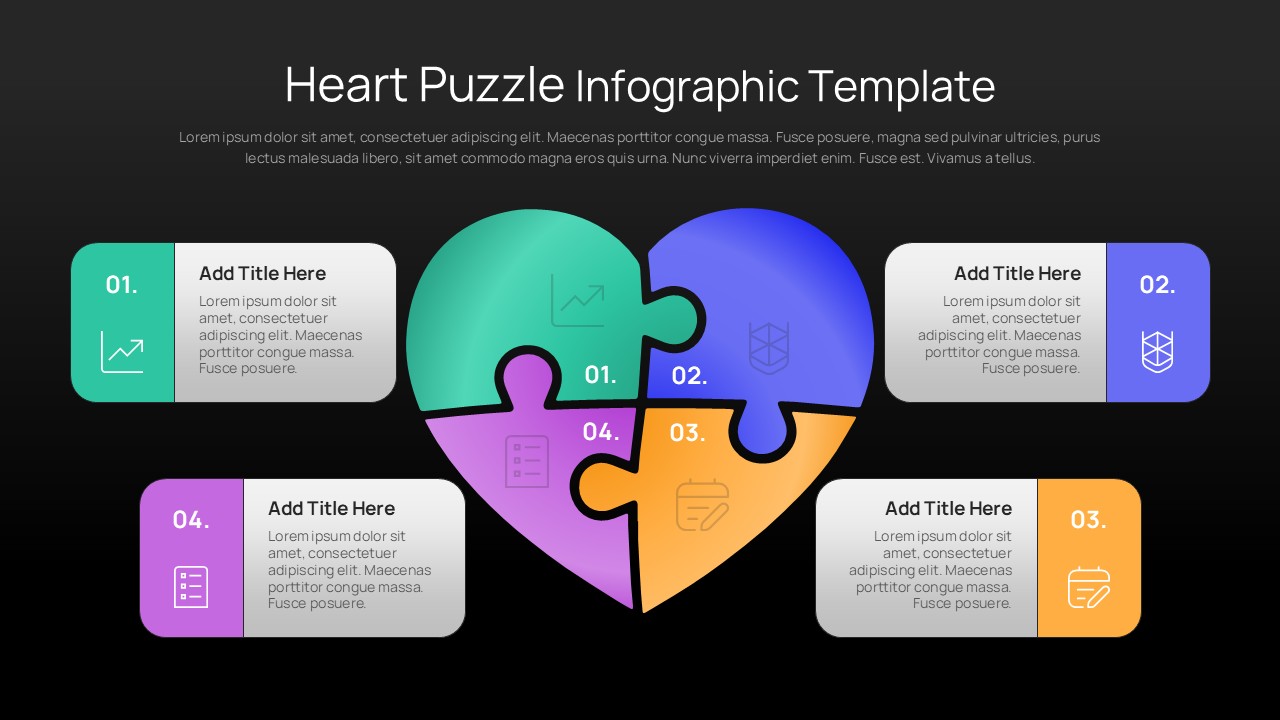 Heart-shaped four-piece puzzle infographic template with colorful sections and four numbered information cards.