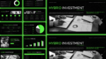 Hybrid investment pitch deck featuring asset allocation charts, risk and return comparisons, portfolio performance metrics, and investment process diagrams on a black and green background.
