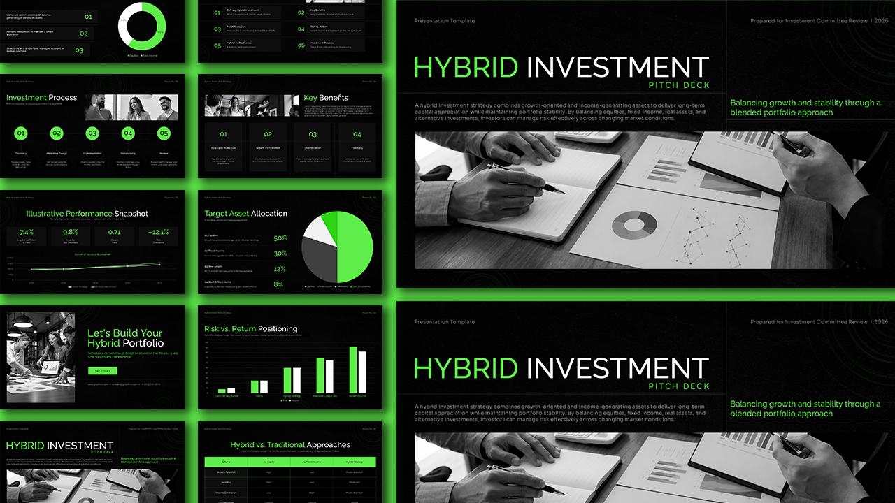 Hybrid investment pitch deck featuring asset allocation charts, risk and return comparisons, portfolio performance metrics, and investment process diagrams on a black and green background.