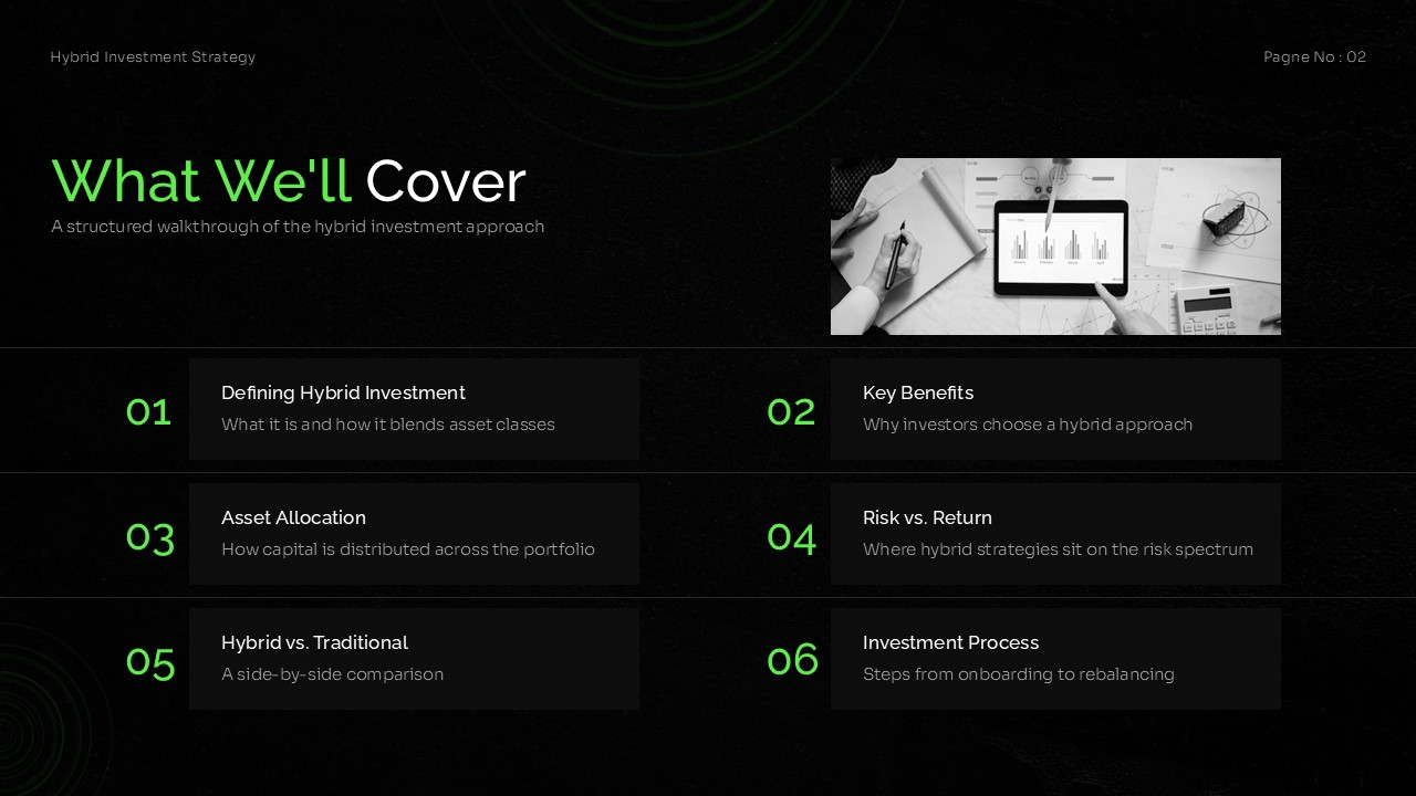 Hybrid investment pitch deck cover featuring a black background, green typography, and a grayscale financial planning image.