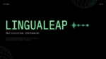 LinguaLeap pitch deck opening slide with a mint-green brand name and audio waveform on a black background.