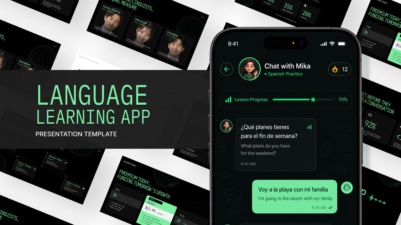 Language learning app pitch deck cover with a smartphone AI tutor, mint-green title, and dark technology-inspired background.
