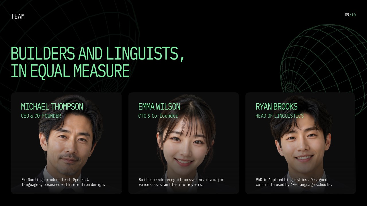 Team introduction slide featuring three team members, their roles, and their professional backgrounds.