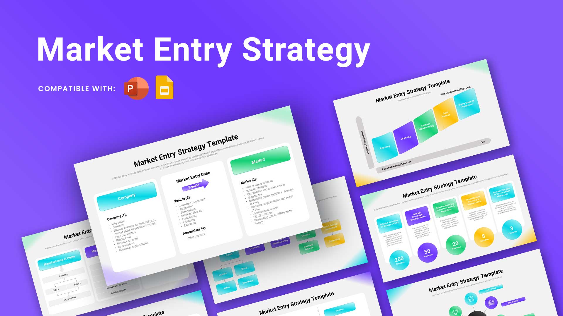 Market Entry Strategy presentation template showing international expansion methods, market selection, entry options, investment levels, and strategic analysis.