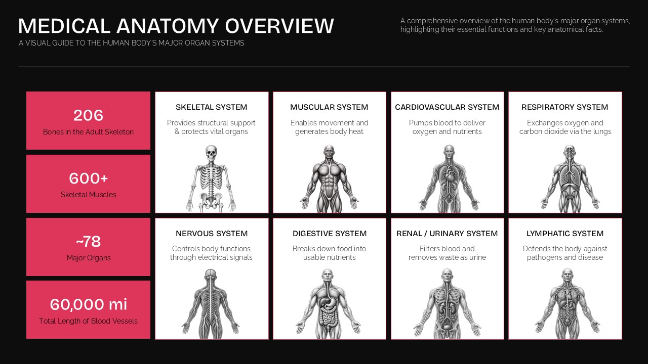 Medical anatomy overview presentation template showing major human organ systems, anatomical illustrations, and key body statistics.