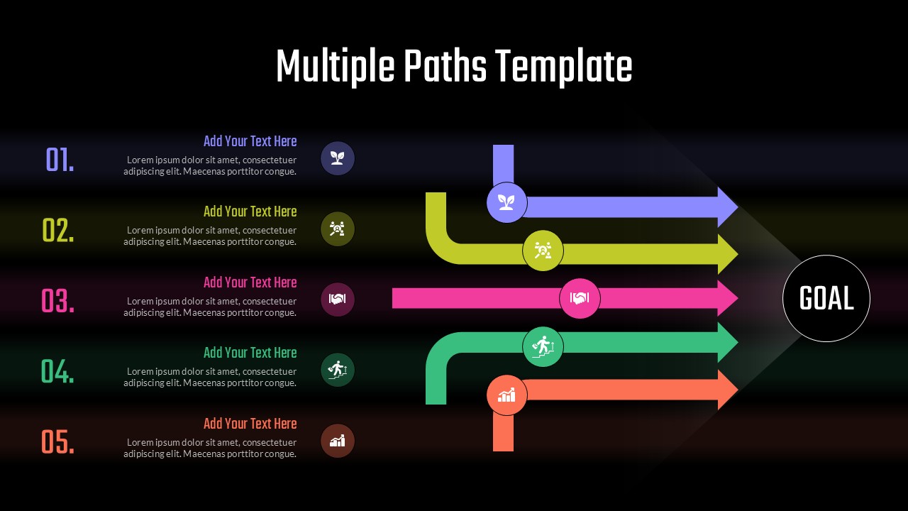 Multiple Paths Flow Diagram with five color-coded routes, numbered steps, curved arrows, and icons converging toward a shared goal on a dark background.