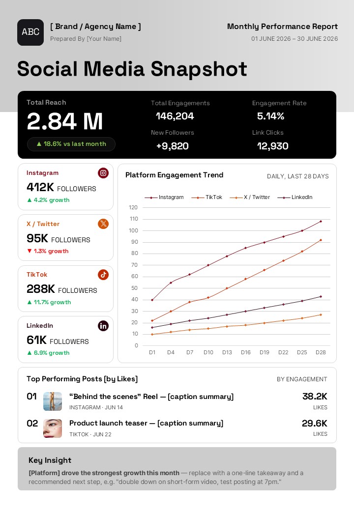 One Page Social Media Report Template showing social media reach, engagement rate, follower growth, platform trends, top-performing posts, and key insights.