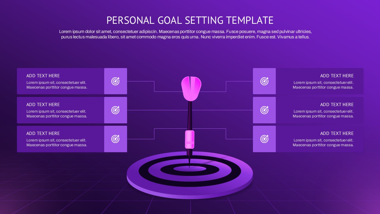 Personal Goal Setting Template with a purple background, a central dart hitting a target, and six editable goal cards connected to the target.