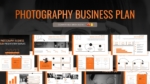 Photography business plan template preview featuring orange and black presentation slides for PowerPoint and Google Slides.
