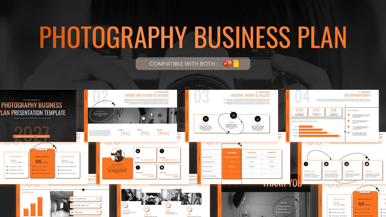 Photography business plan template preview featuring orange and black presentation slides for PowerPoint and Google Slides.