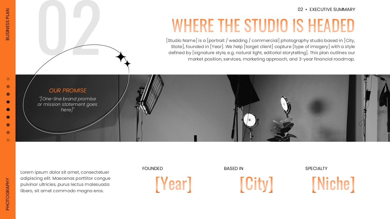 Executive summary slide outlining the photography studio's location, specialty, brand promise, and business direction.