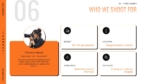 Photography target client slide showing customer persona details, budget, location, motivation, and discovery channels.