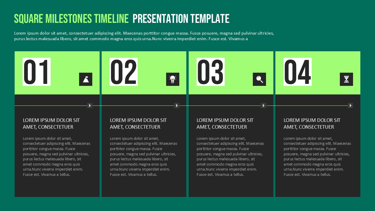 Square Milestones Timeline Presentation Template with four numbered milestone cards, a horizontal timeline, and a green and dark gray design.