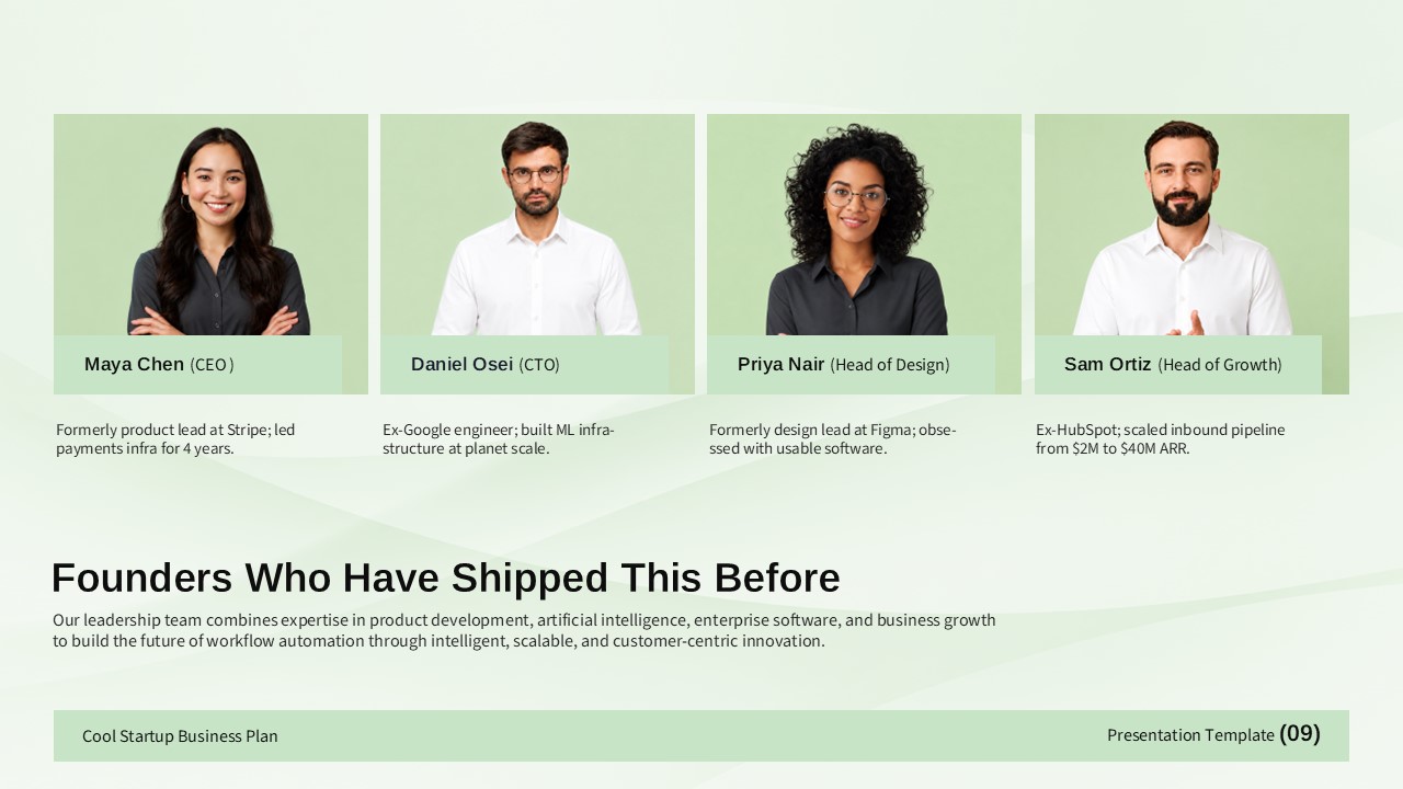 Startup founder team slide featuring leadership profiles and professional experience.
