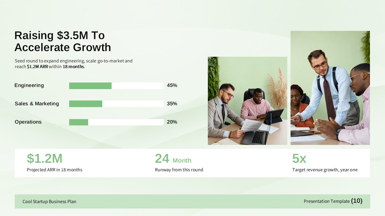 Startup fundraising slide showing funding allocation, projected ARR, runway, and growth target.