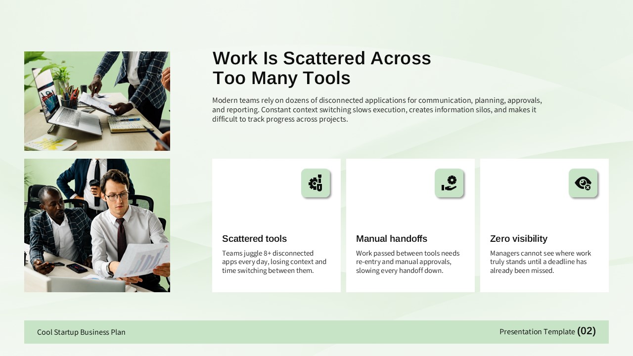 Startup problem analysis slide showing scattered tools, manual handoffs, and limited workflow visibility.